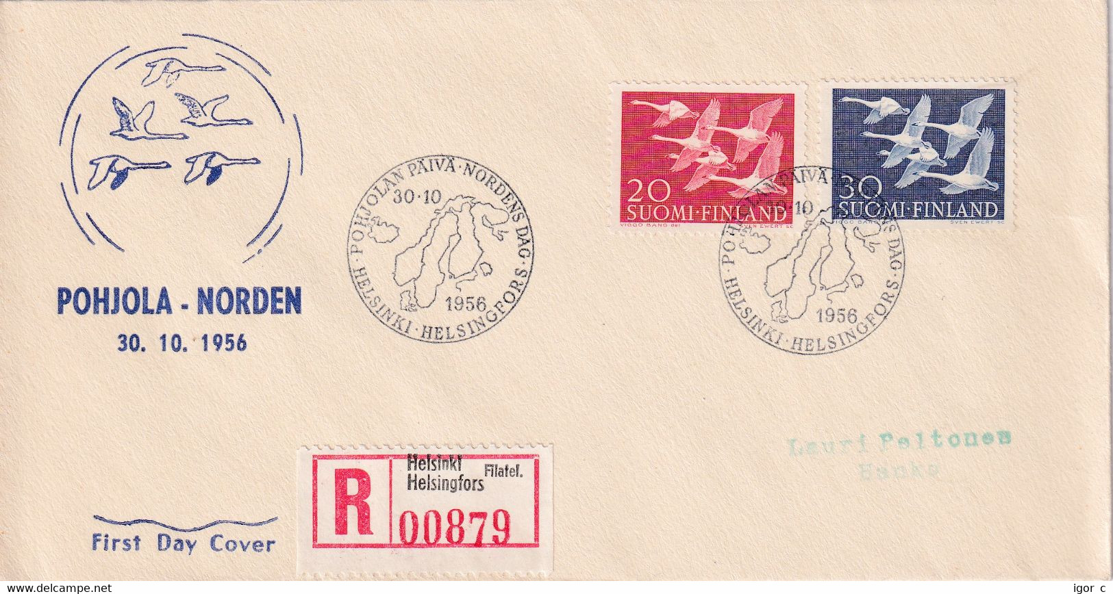 Finland 1956 Registered Cover: OISEAUX VÖGEL - SWAN SCHWAN CYGNE CISNE; Nordic Countries Cooperation Day; Joint Issue; - Schwäne