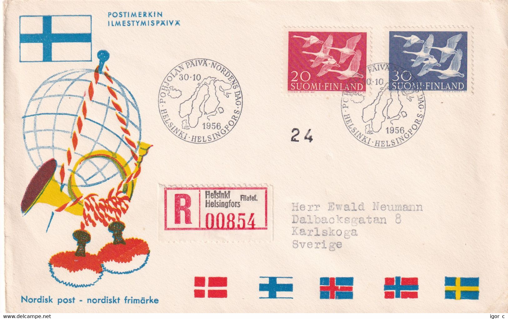 Finland 1956 Registered Cover: OISEAUX VÖGEL - SWAN SCHWAN CYGNE CISNE; Nordic Countries Cooperation Day; Joint Issue; - Cisnes