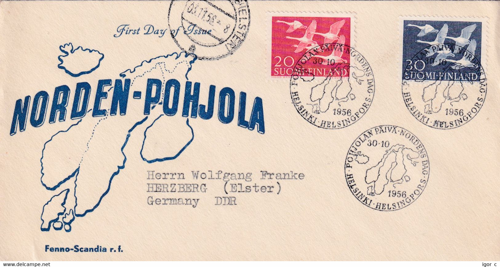 Finland 1956 Cover: OISEAUX VÖGEL - SWAN SCHWAN CYGNE CISNE; Nordic Countries Cooperation Day; Joint Issue - Swans