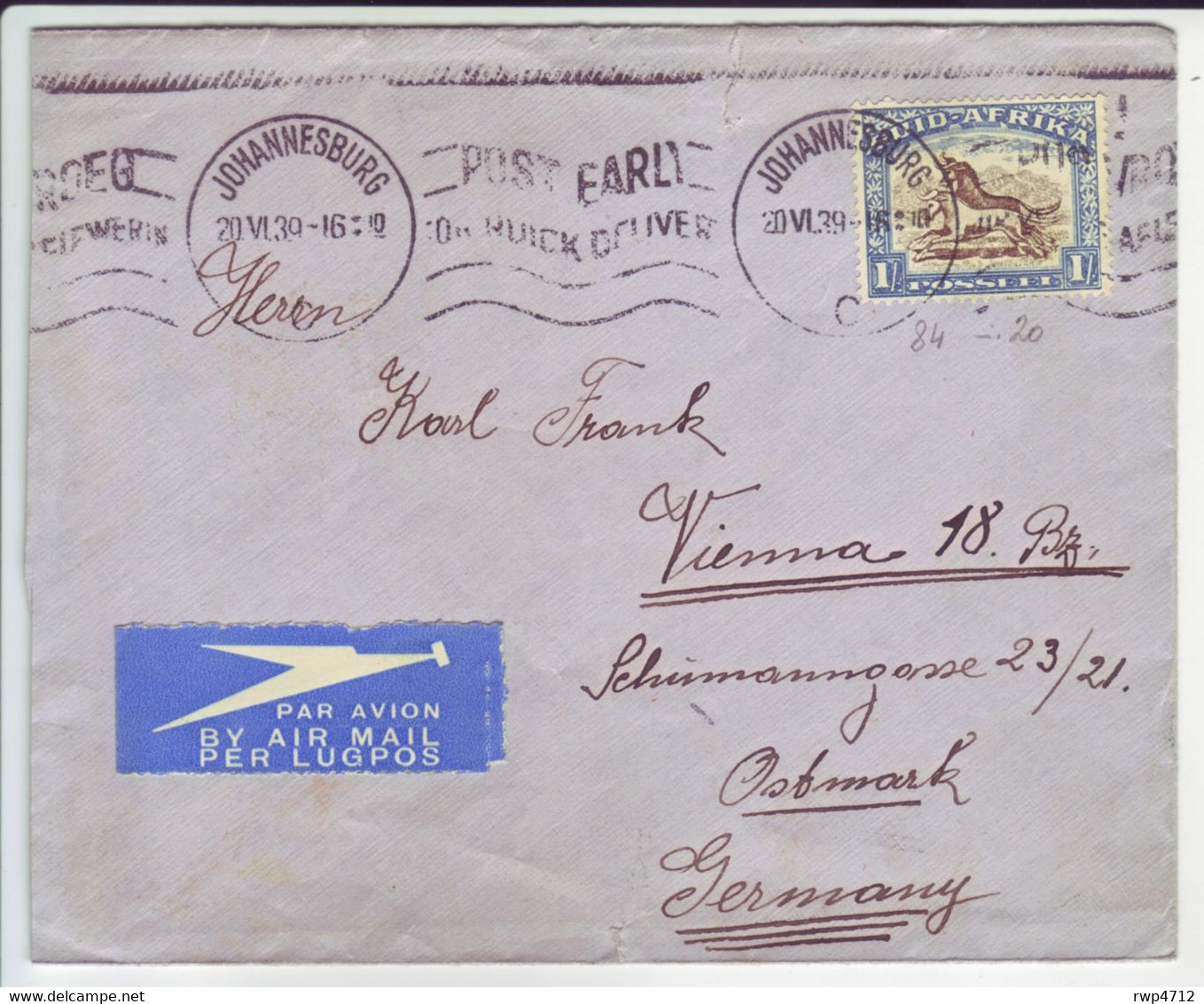 SOUTH AFRICA   Luftpostbrief  Airmail Cover Lettre Par Avion 1939 Via Athen To Austria - Posta Aerea