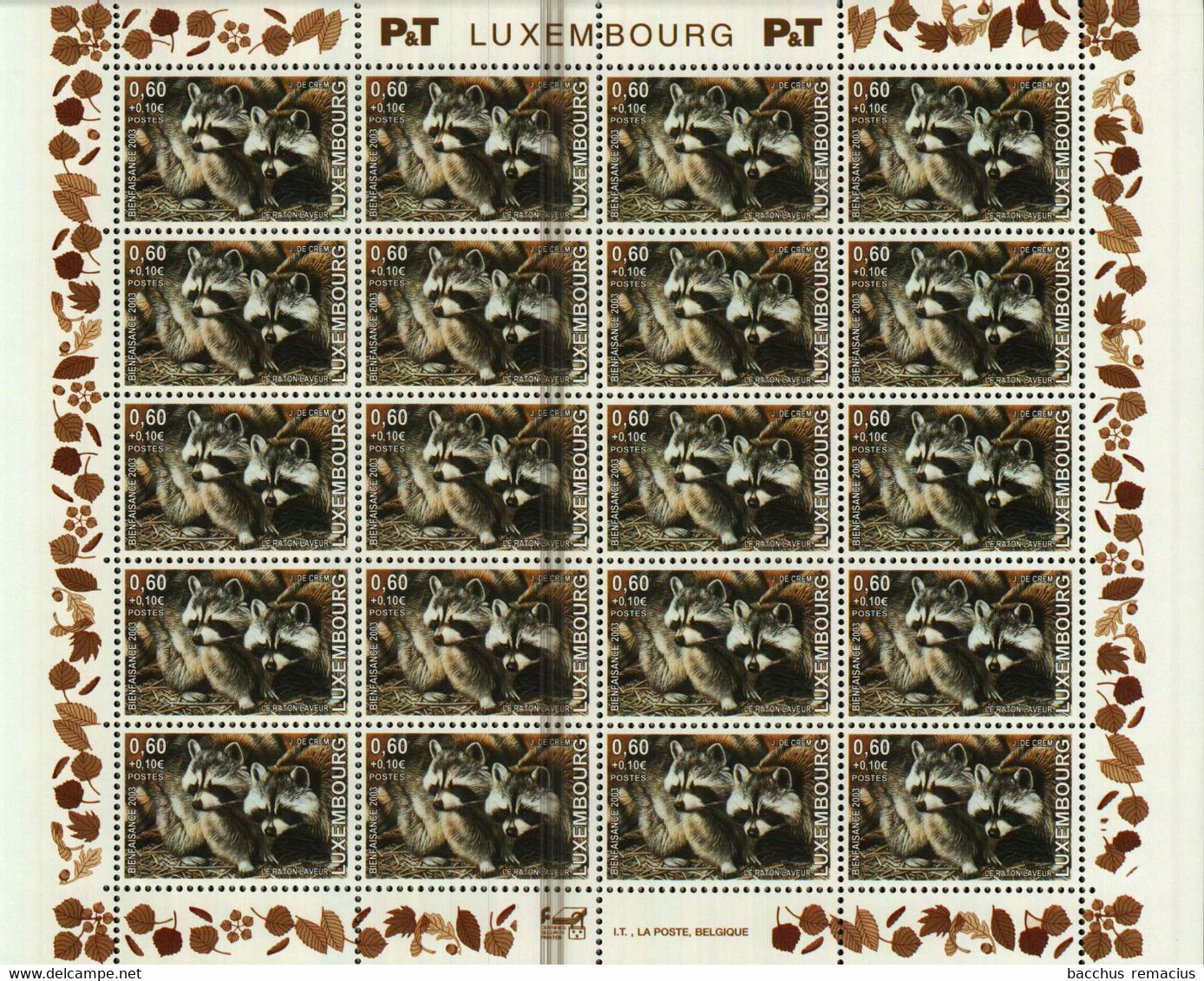 LUXEMBOURG 4 Feuilles à 20 Timbres 0,50+0,05/0,60+0,10/0,70+0,10/1+0,25 Euro Chevreuil/Raton Laveur/Hermine/Vautour 2003 - Fogli Completi