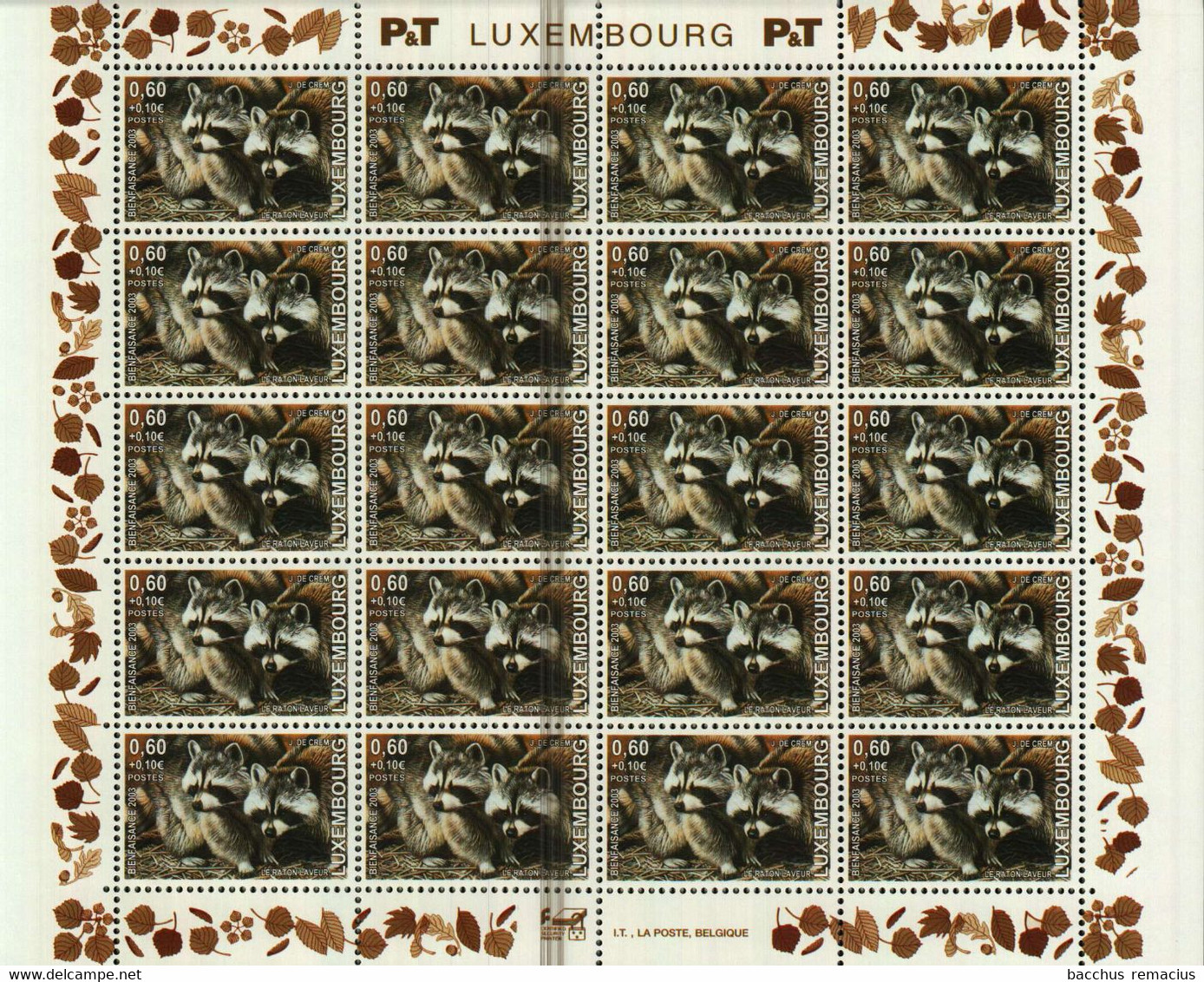LUXEMBOURG 4 Feuilles à 20 Timbres 0,50+0,05/0,60+0,10/0,70+0,10/1+0,25 Euro Chevreuil/Raton Laveur/Hermine/Vautour 2003 - Ganze Bögen
