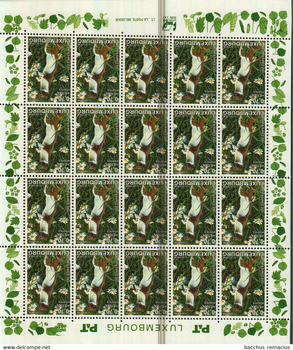 LUXEMBOURG 4 Feuilles à 20 Timbres 0,50+0,05/0,60+0,10/0,70+0,10/1+0,25 Euro Chevreuil/Raton Laveur/Hermine/Vautour 2003 - Ganze Bögen