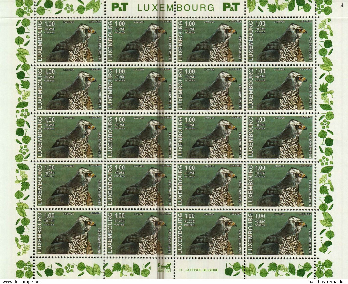 LUXEMBOURG 4 Feuilles à 20 Timbres 0,50+0,05/0,60+0,10/0,70+0,10/1+0,25 Euro Chevreuil/Raton Laveur/Hermine/Vautour 2003 - Volledige Vellen