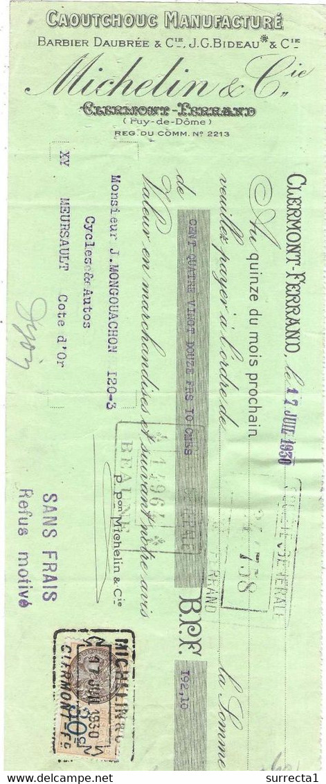 1930 / Timbre Fiscal Perforé "M" Sur Quittance 30 C / SD Traite Michelin Clermont-Ferrand - Lettres & Documents