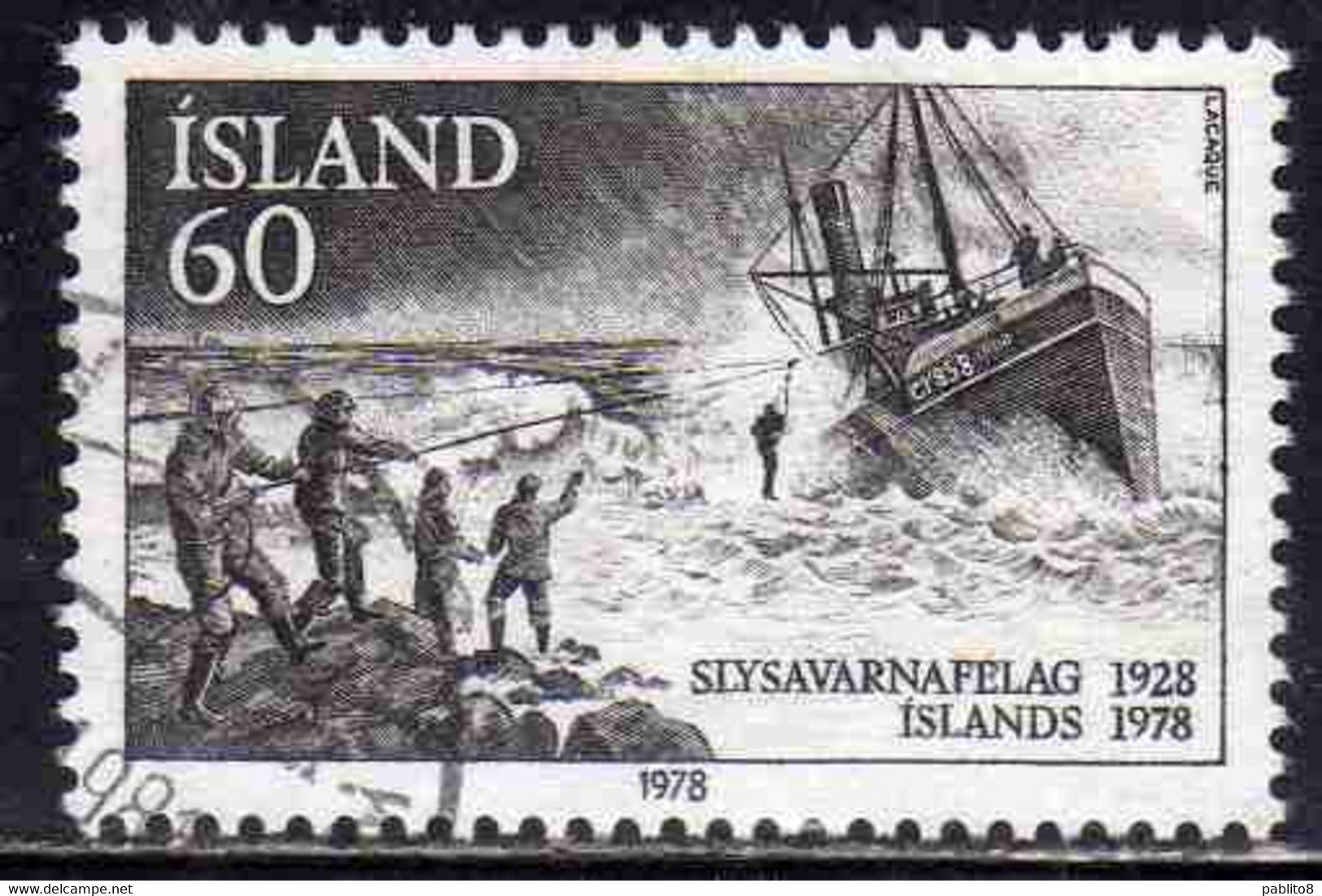 ISLANDA ICELAND ISLANDE ISLAND 1978 NATIONAL LIFE SAVING ASSOCIATION SHIP TO SHORE RESCUE 60k USED USATO OBLITERE' - Oblitérés