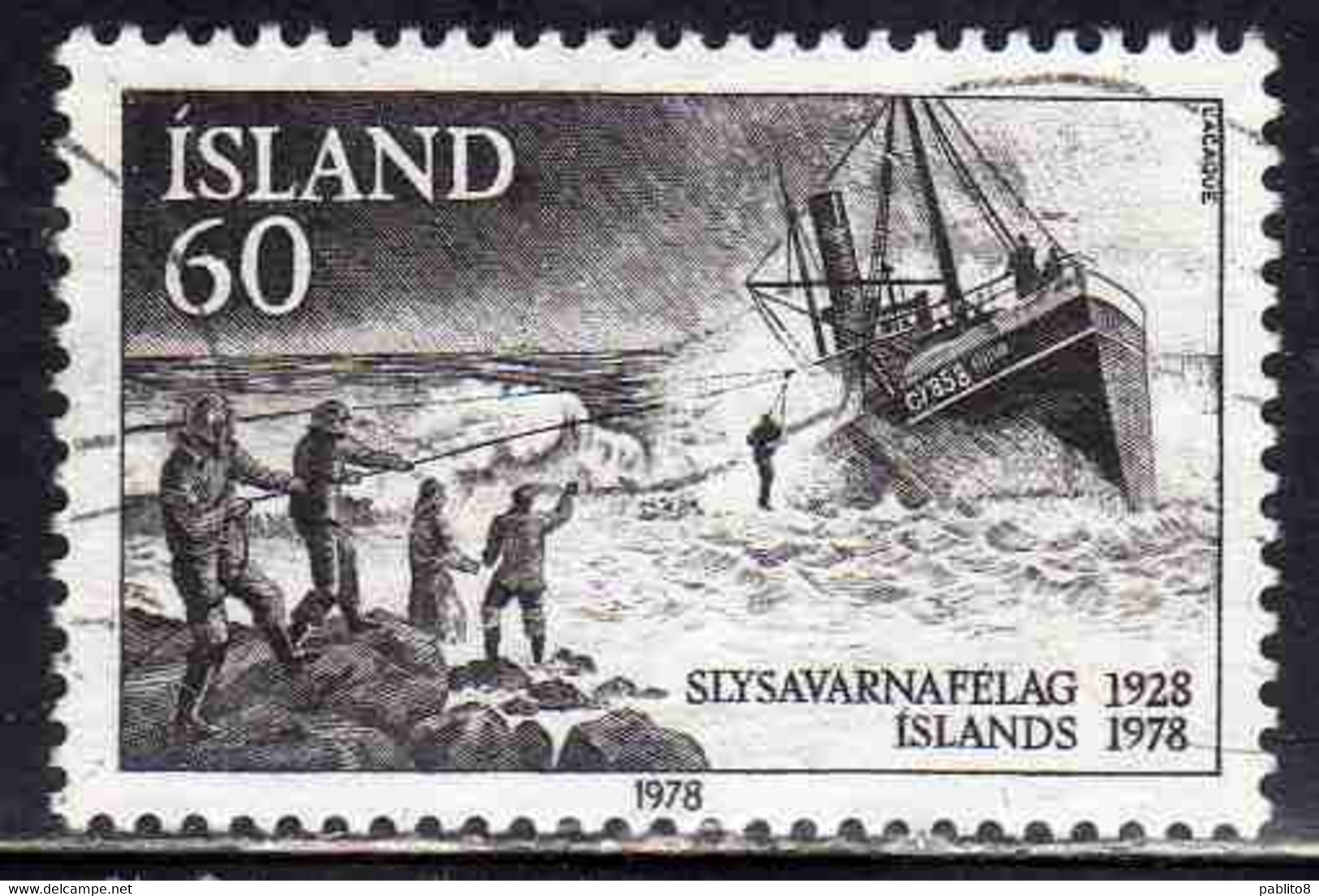 ISLANDA ICELAND ISLANDE ISLAND 1978 NATIONAL LIFE SAVING ASSOCIATION SHIP TO SHORE RESCUE 60k USED USATO OBLITERE' - Oblitérés