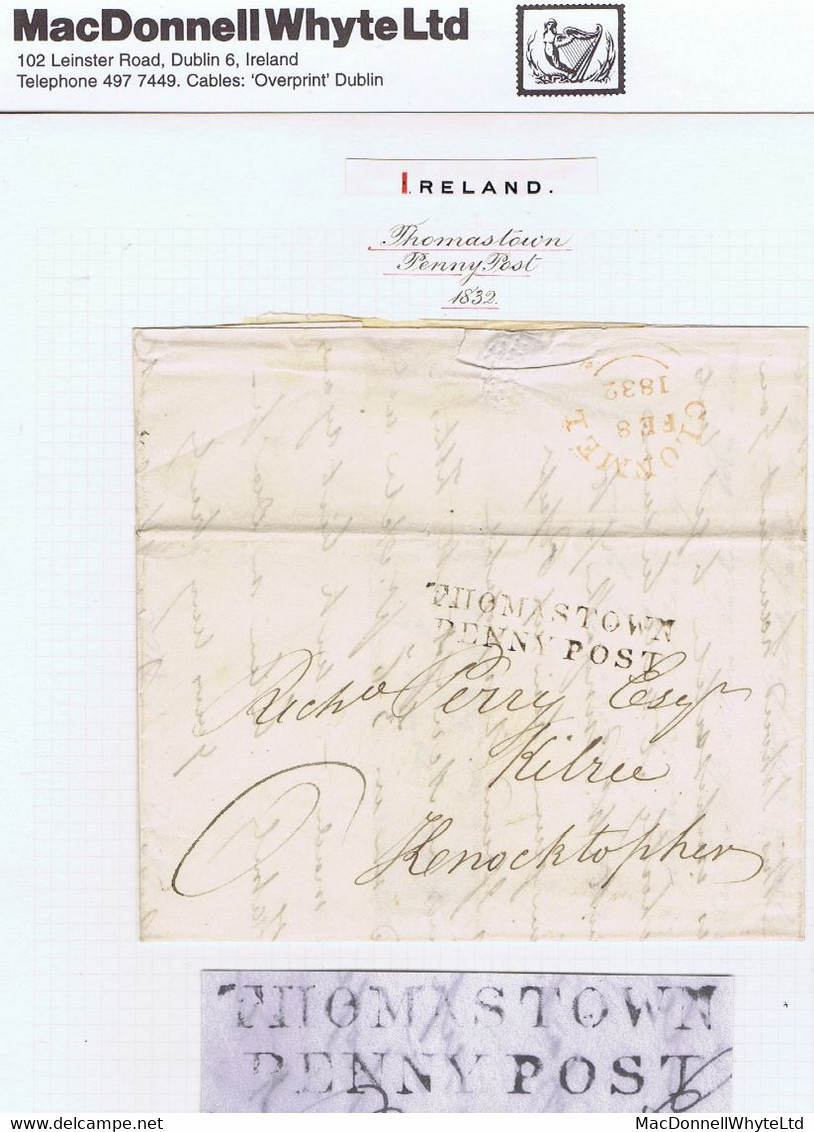 Ireland Kilkenny 1832 Letter Clonmel To Kilree Knocktopher With Fine THOMASTOWN/PENNY POST In Black - Prephilately