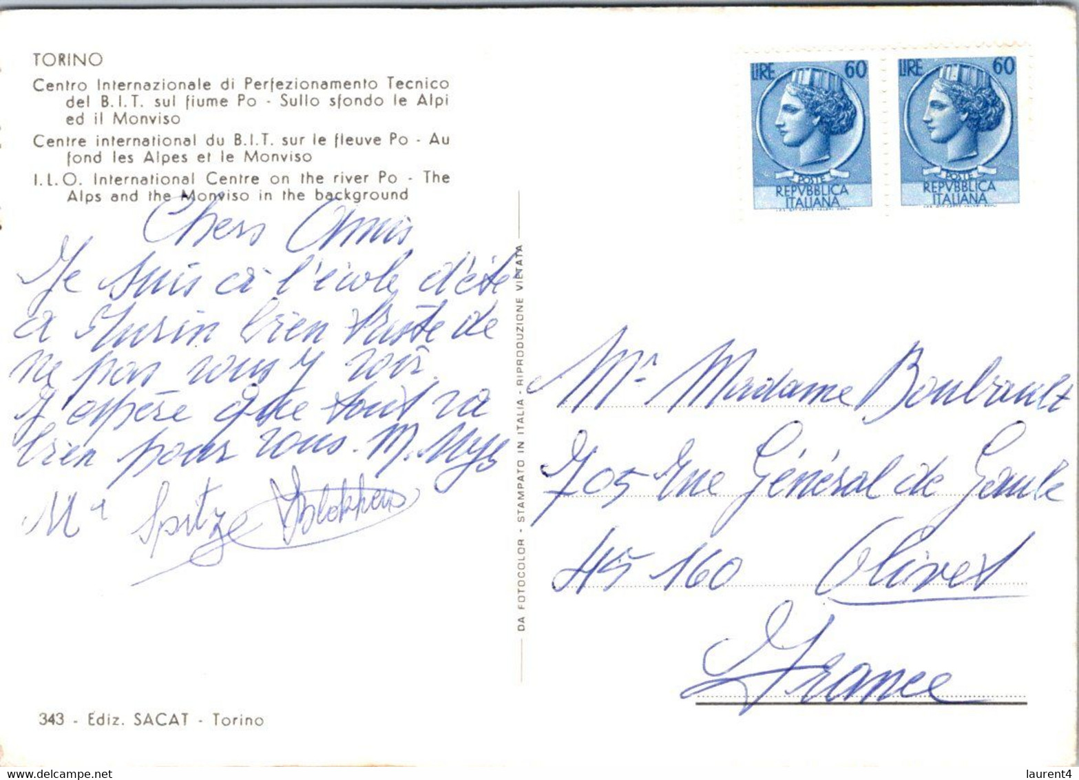 (1 K 20) Italy - B.I.T Centre In Torino  (posted To France Without Postmark) - Fiume Po