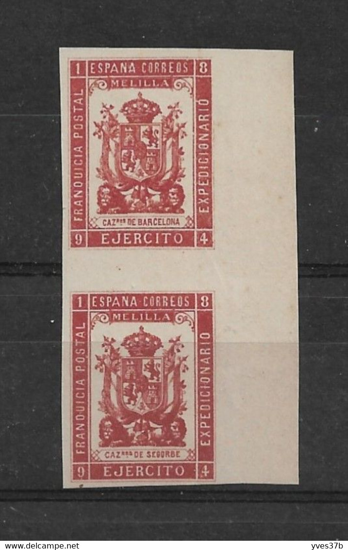 ESPAGNE - MELILLA 1894 - Paires Inter-panneaux N°20+26 - NON DENTELE - Neuf** - BdF - SUP - - Militärpostmarken