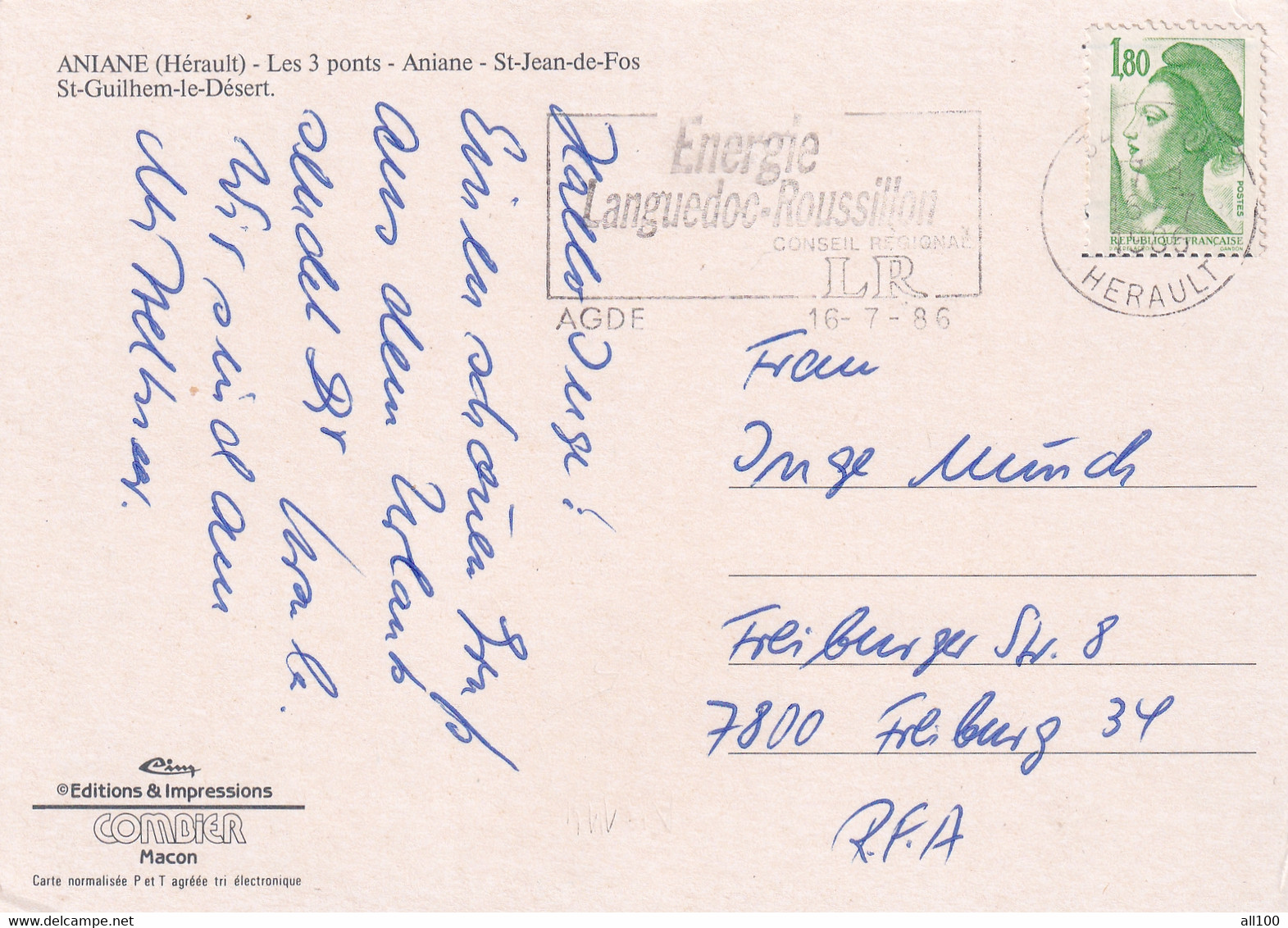 A17702 - ANIANE HERAULT, LES 3 PONTS, ST-JEAN-DE-FOS, POST CARD, USED, 1986, SENT TO FREIBURG - Aniane