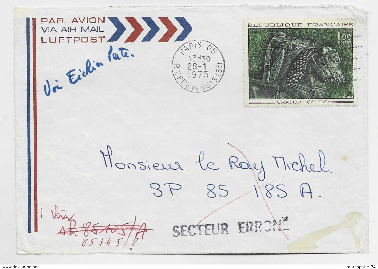 FRANCE TABLEAU 1FR CRATERE DE VIX SEUL LETTRE AVION PARIS 05 28.1.1975 POUR SP 85185A + SECTEUR ERRONE - 1961-....