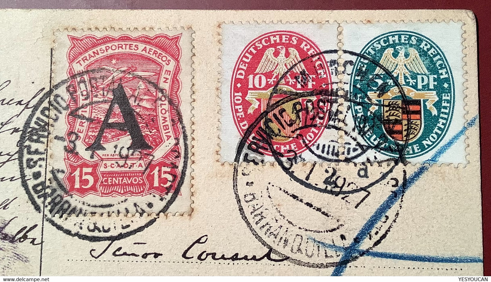 RARE 1927 SCADTA "A" Mixed Franking Postcard ! Deutsches Reich 1926 Deutsche Nothilfe 398-399 MÜNCHEN>Colombia PAR AVION - Colombie
