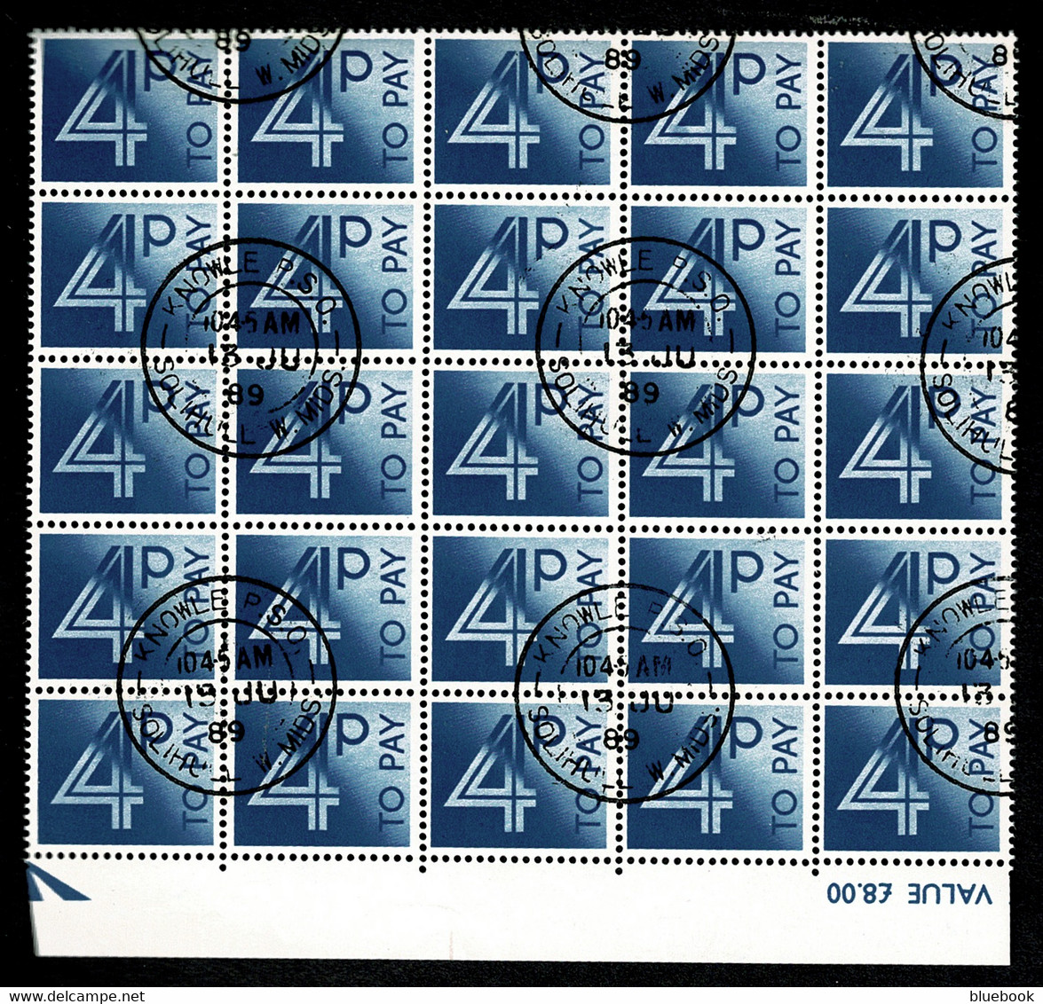 Ref 1565 - GB QEII - 4p Postage Due - Rare Used Marginal Block Of 25 Stamps - Taxe