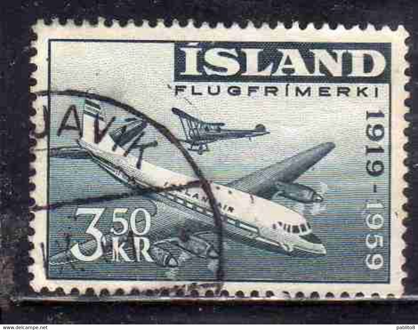 ISLANDA ICELAND ISLANDE 1959 AIR POST MAIL AIRMAIL TRANSPORTATION VICKERS VISCOUNT PLANE 3.50k USED USATO OBLITERE' - Luftpost
