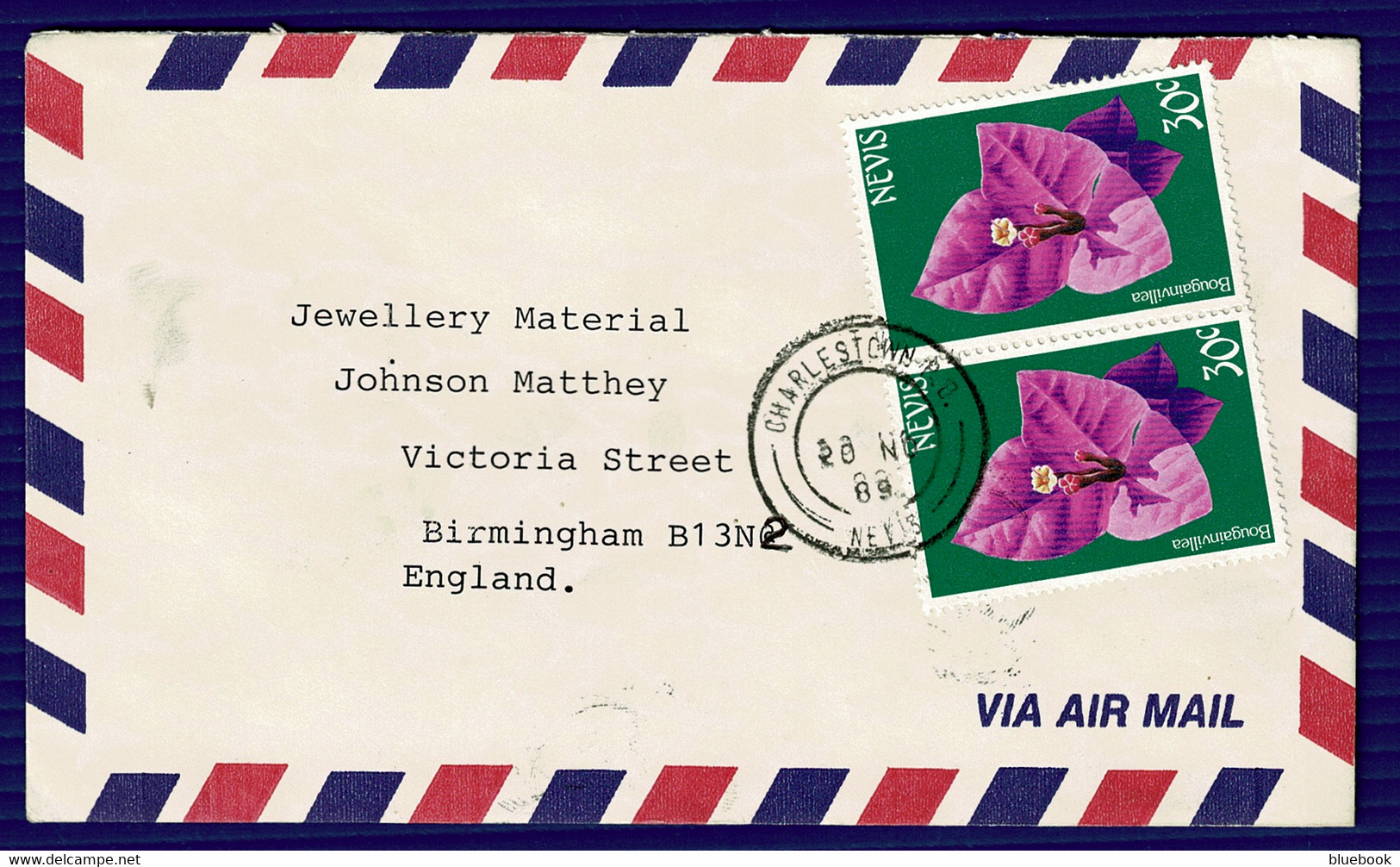 Ref 1566 - 1989 Airmail Cover - Charlestown Nevis 60c Rate To Birmingham UK - St.Christopher-Nevis-Anguilla (...-1980)