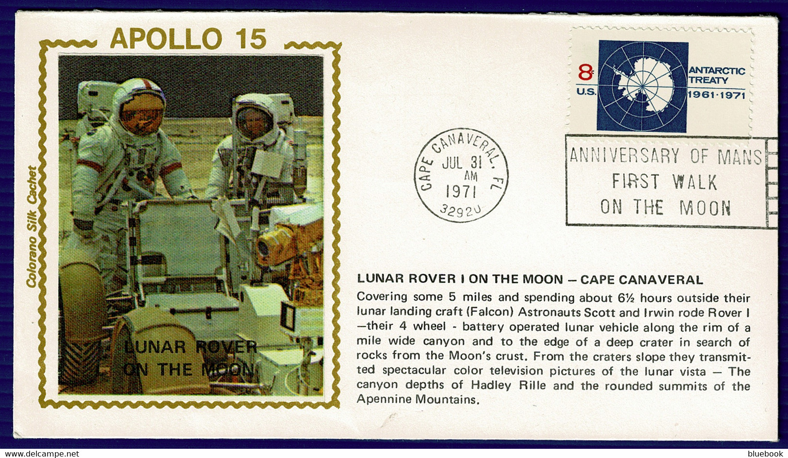 Ref 1566 - 1971 USA Silk Space Cover Apollo 15 Lunar Rover - Anniv. Of Moon Walk Slogan - América Del Norte