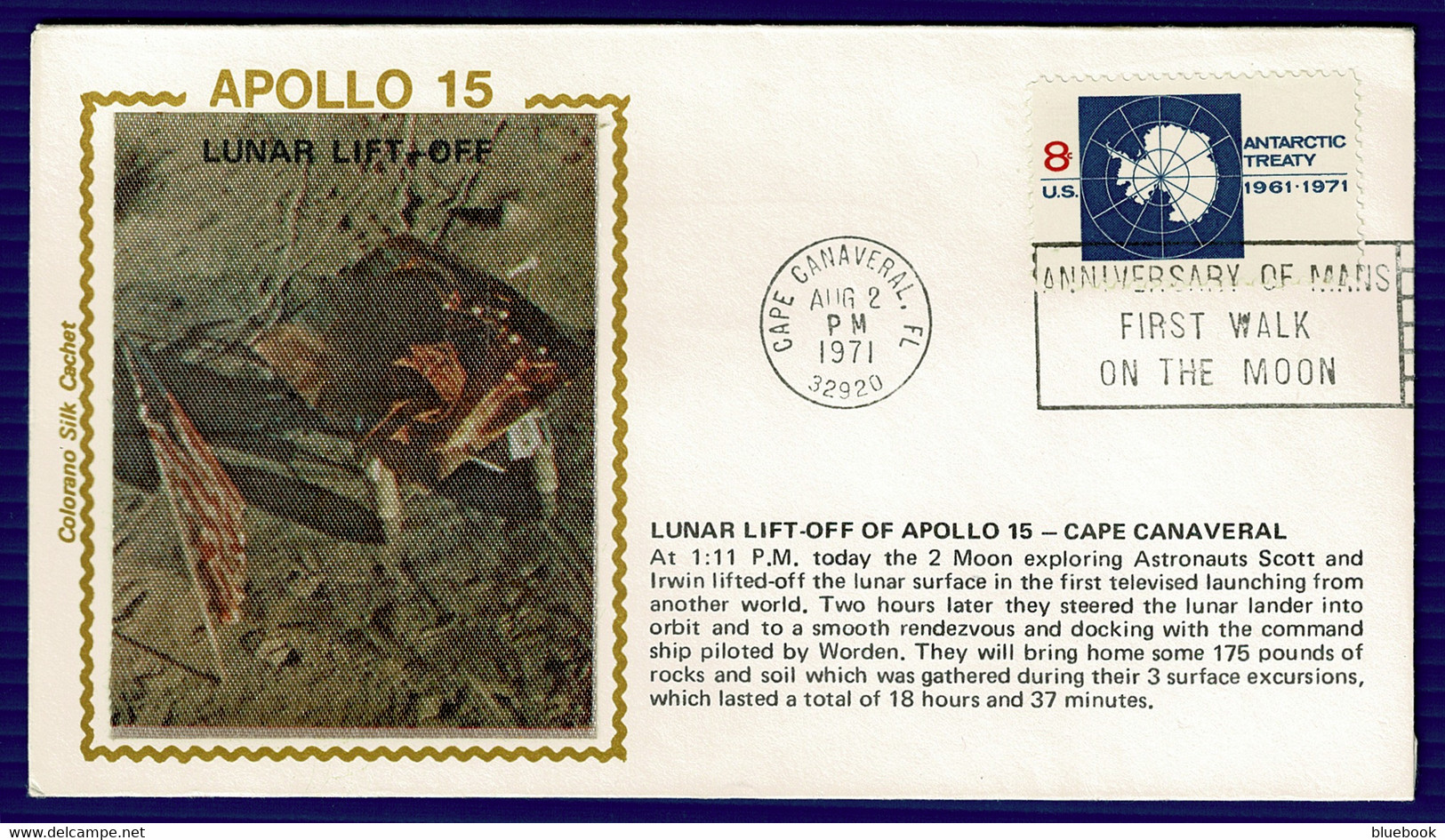 Ref 1566 - 1971 USA Silk Space Cover Apollo 15 Lunar Lift Off - Anniv. Of Moon Walk Slogan - North  America