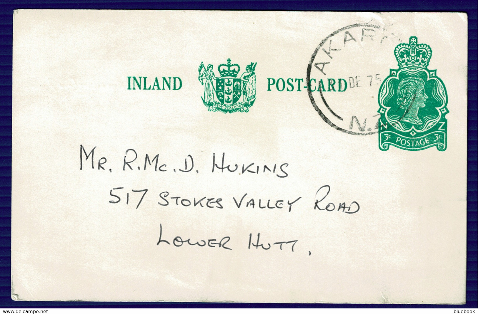 Ref 1566 - 1975 New Zealand 3c Postal Stationery Card - Akaroa Postmark To Lower Hutt - Briefe U. Dokumente