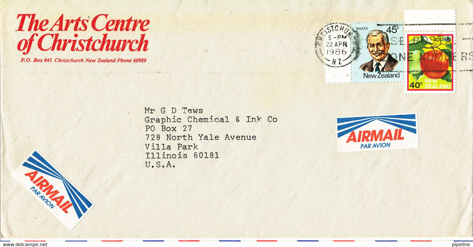 New Zealand Cover Sent Air Mail To USA Christchurch 22-4-1986 - Covers & Documents