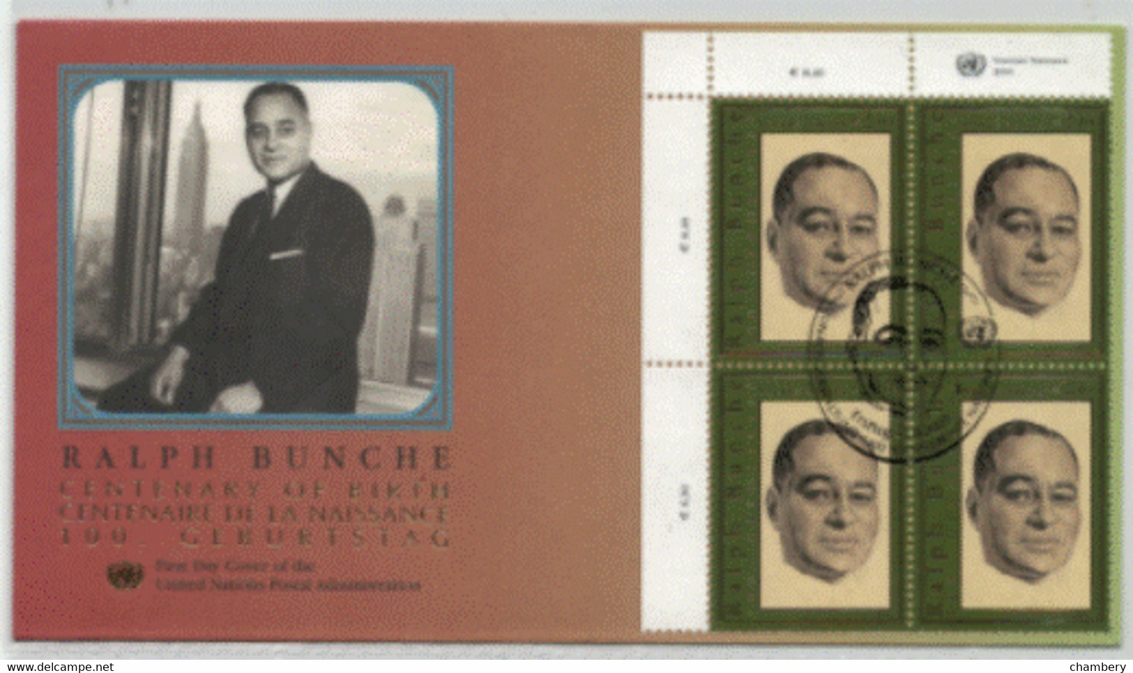 Nations Unies Vienne -  "Cinquantenaire De La Naissance De Ralph Bunche (1904-1971) Carré Obli N° 408 Sur Envel 1er Jour - Briefe U. Dokumente