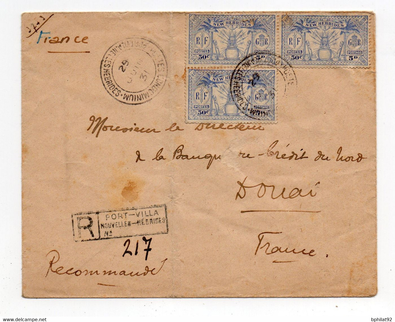 !!! NOUVELLES HEBRIDES, LETTRE RECOMMANDEE DE PORT VILLA POUR DOUAI DE 1931 - Covers & Documents