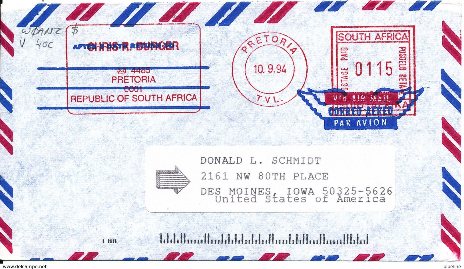 South Africa Air Mail Cover With Meter Cancel Pretoria 10-9-1994 Sent To USA - Posta Aerea