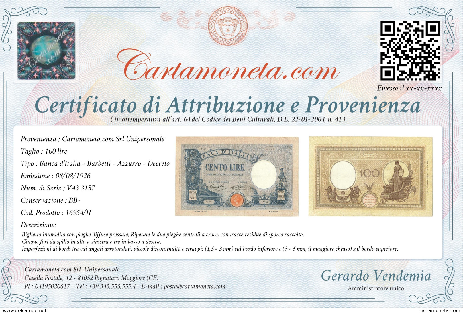 100 LIRE BARBETTI GRANDE B AZZURRO TESTINA DECRETO 08/08/1926 BB- - Sonstige