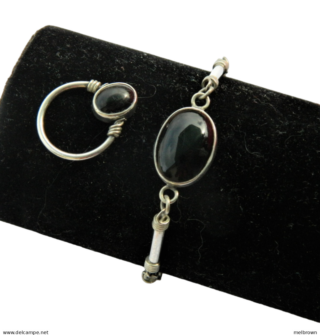 Vintage Black Onyx Silver Bracelet And Ring - Pulseras