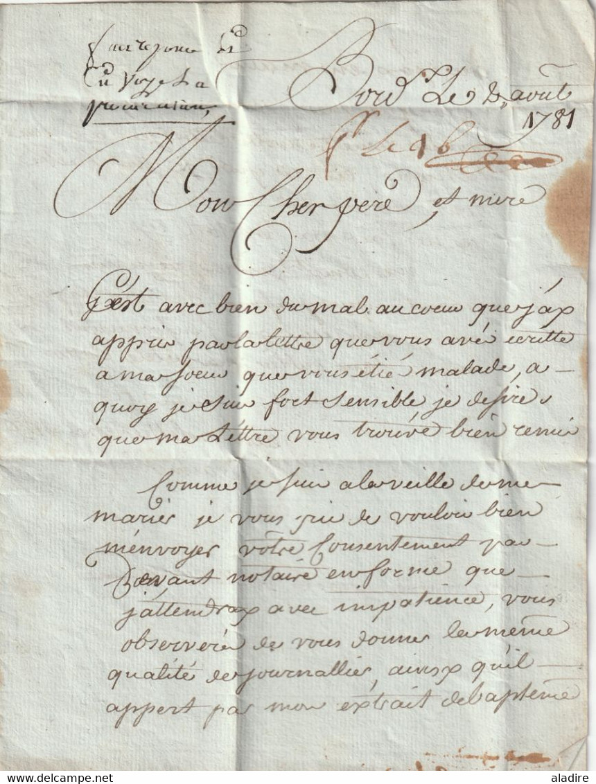 1781 - RECOMMANDEE - Lettre pliée avec correspondance filiale de 2 pages de BORDEAUX vers ROUVRE par NIVET en Poitou