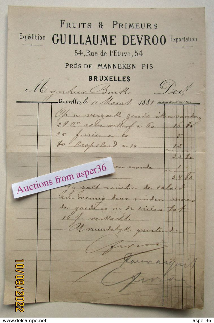 Fruits & Primeurs, Guillaume Devroo, Rue De L'Etuve (près De Manneken Pis) Bruxelles 1881 - 1800 – 1899