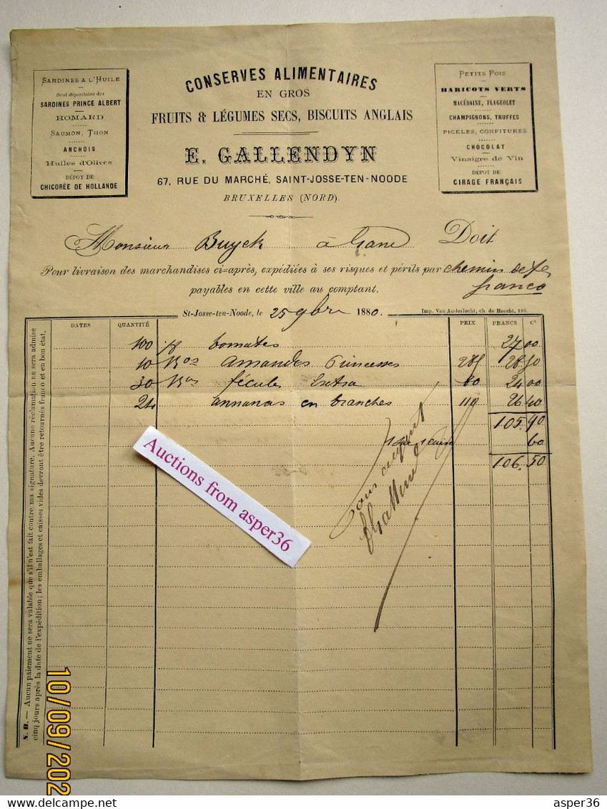 Conserves Alimentaires E. Gallendyn, Rue Du Marché, Saint-Josse-Ten-Noode, Bruxelles (Nord) 1880 - 1800 – 1899