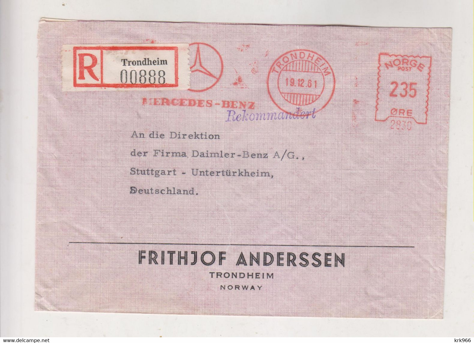 NORWAY TRONDHEIM   1961 Nice Registered   Cover To Germany Meter Stamp - Covers & Documents