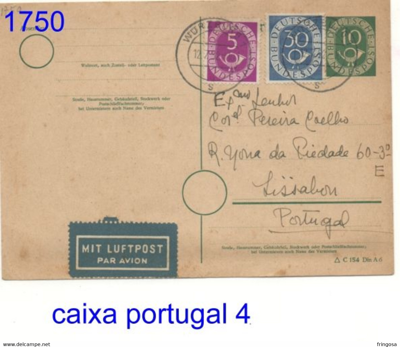 POSTHORN 10 + ADDITIONAL STAMPS 5 E 30 TO PORTUGAL  12 - 7 - 1952 - Postkarten - Gebraucht