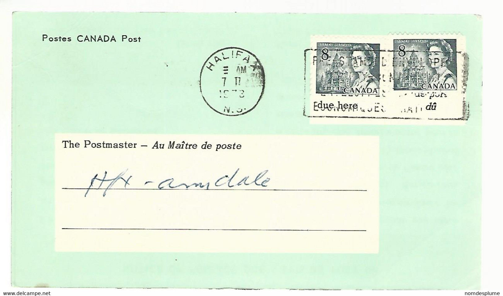 56359 ) Canada Post Card Halifax Postmark 1973 Notice Of Postage Due - Post Office Cards