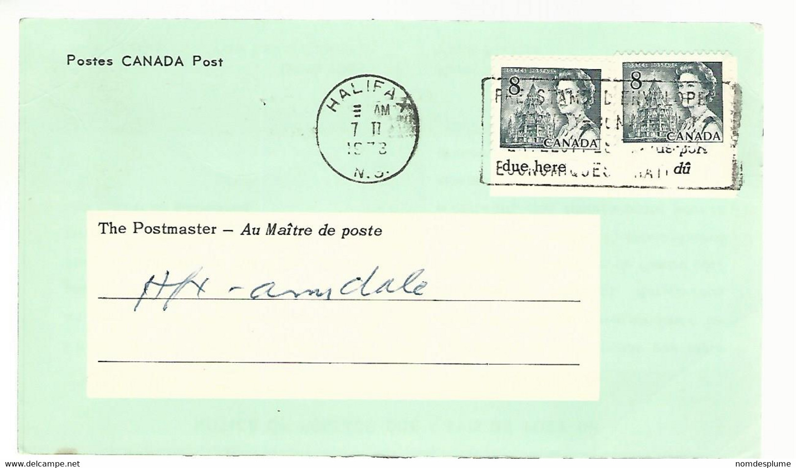 56359 ) Canada Post Card Halifax Postmark 1973 Notice Of Postage Due - Officiële Postkaarten