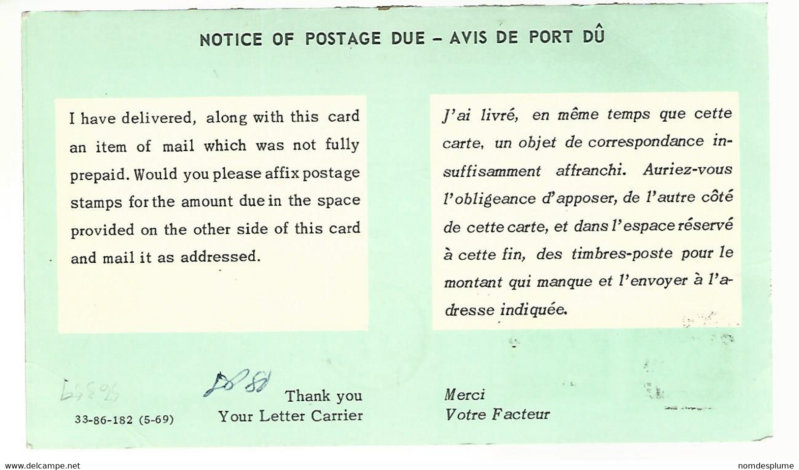 56359 ) Canada Post Card Halifax Postmark 1973 Notice Of Postage Due - Post Office Cards