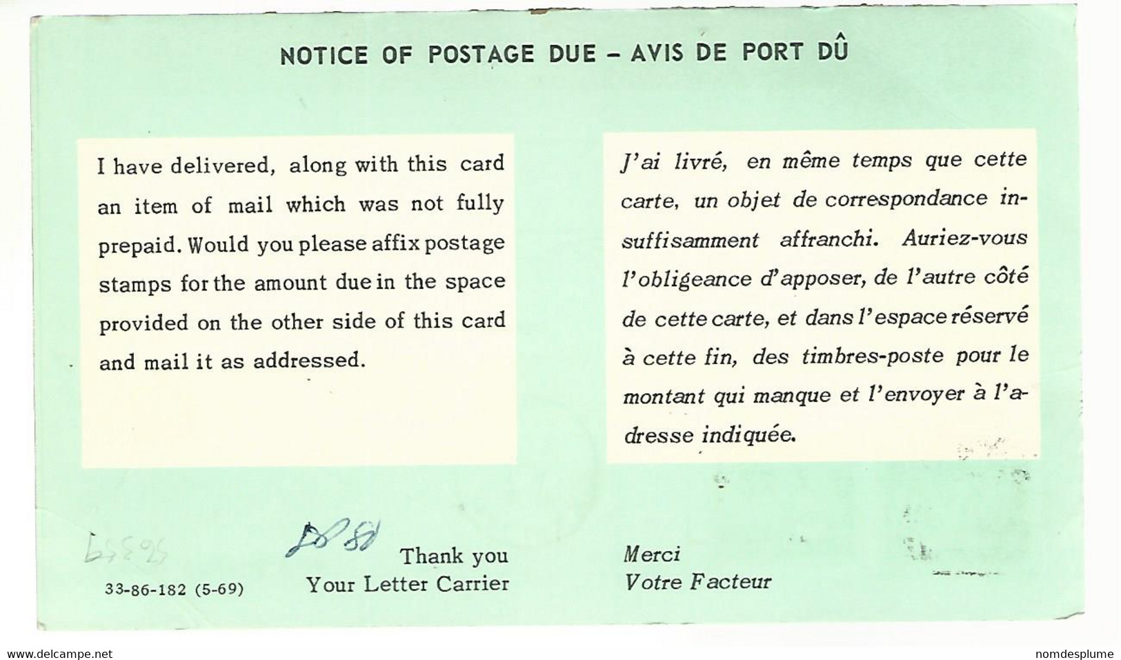 56359 ) Canada Post Card Halifax Postmark 1973 Notice Of Postage Due - Enteros Postales Del Correo