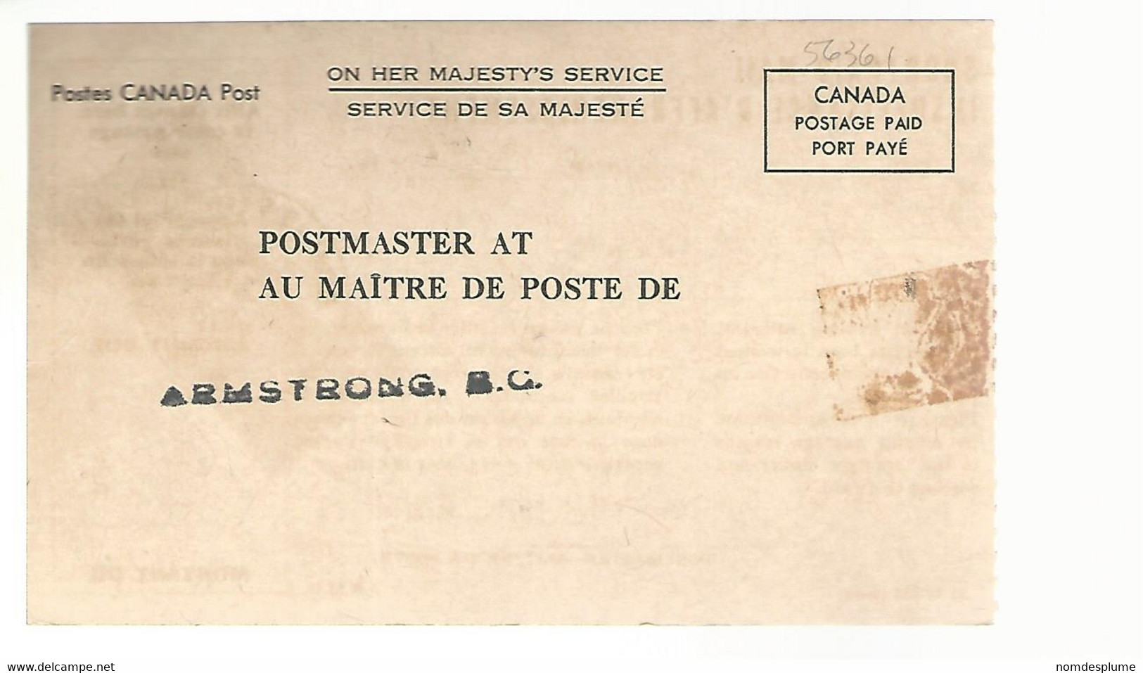 56361 ) Canada Post Card Armstrong Postmark 1973 Shortpaid Mail OHMS - Enteros Postales Del Correo