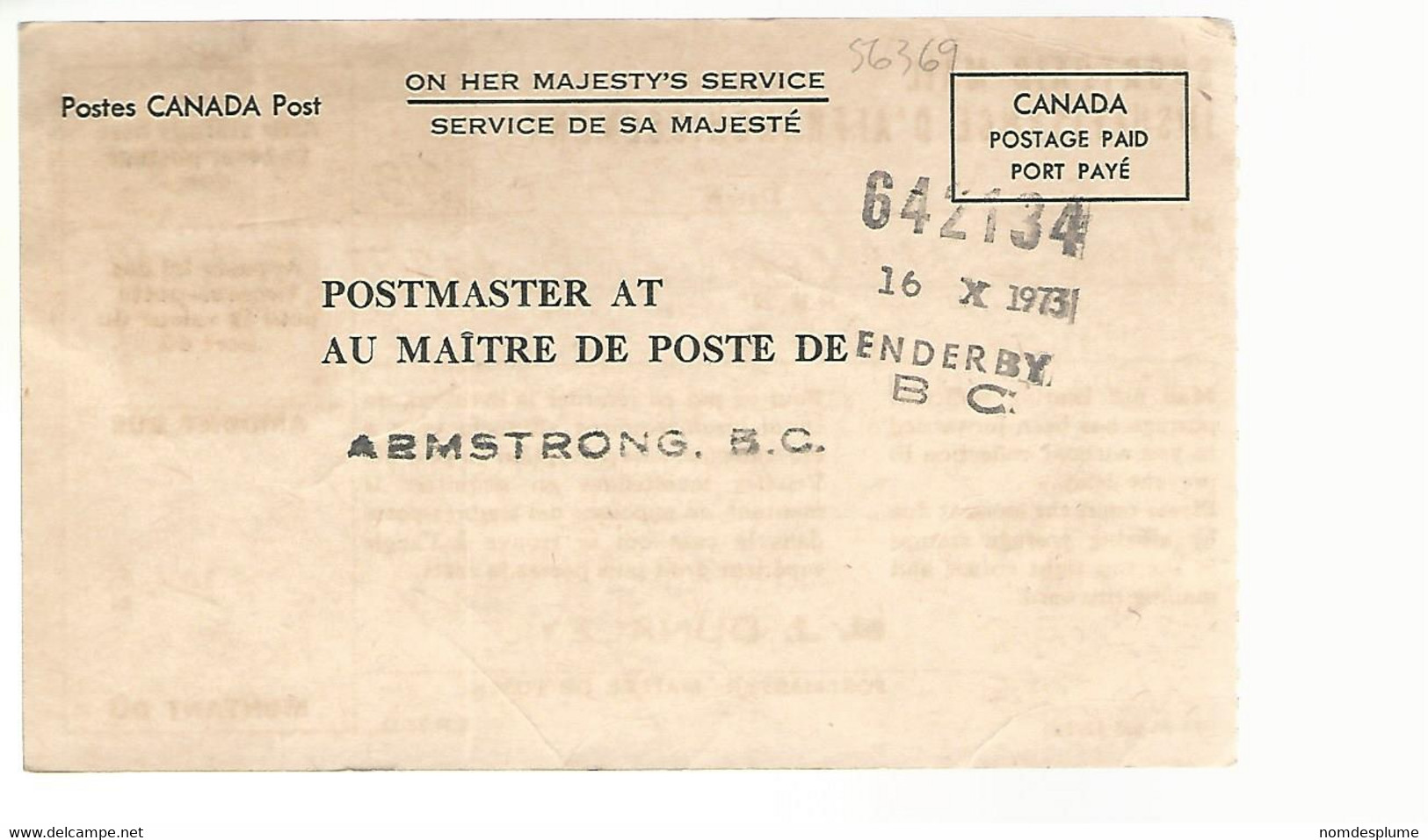 56369 ) Canada Post Card Shortpaid Mail Armstrong Postmark 1973 OHMS Final Notice - Cartes Illustrées Officielles