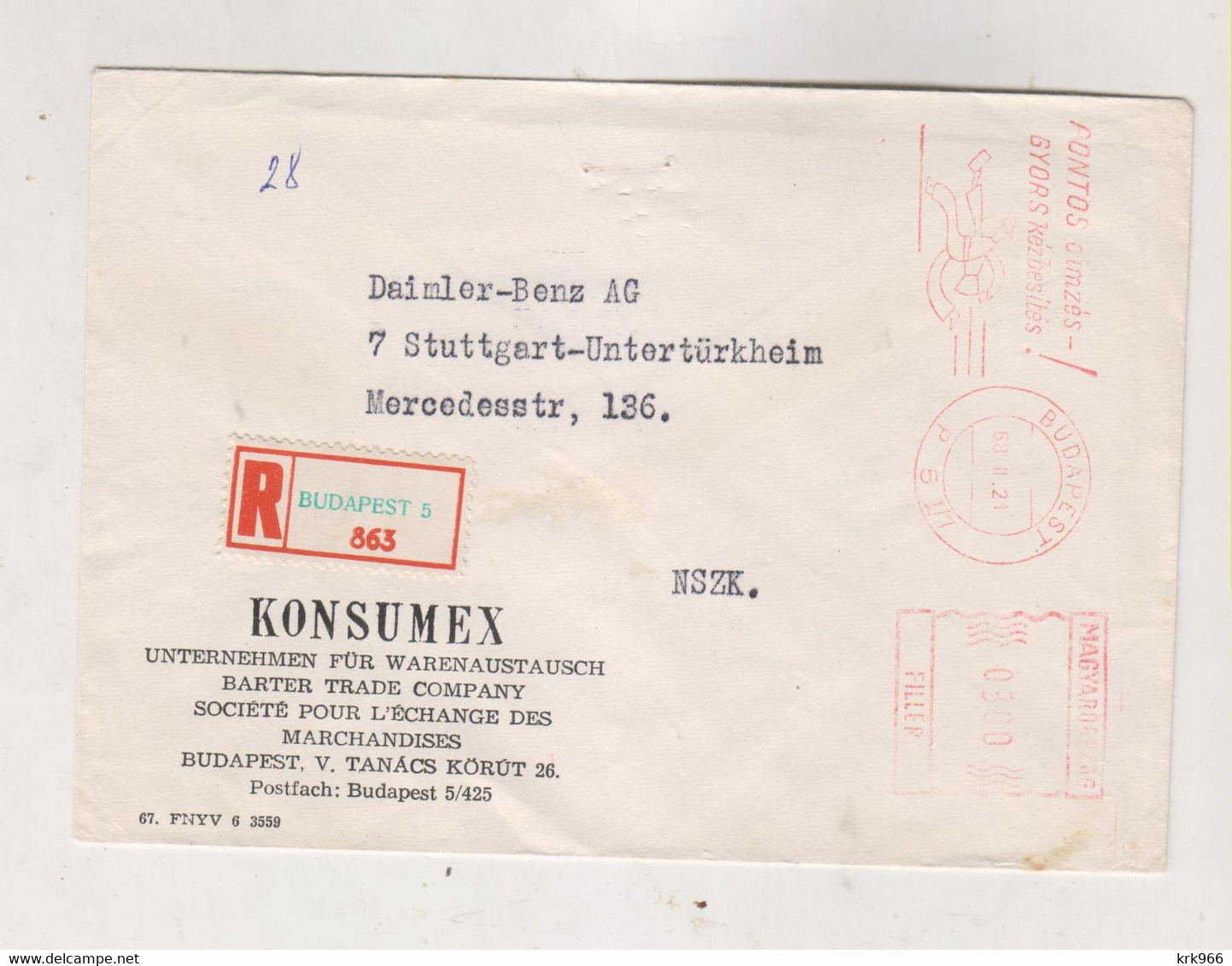 HUNGARY BUDAPEST 1968  Nice Registered     Cover To Germany Meter Stamp - Cartas & Documentos