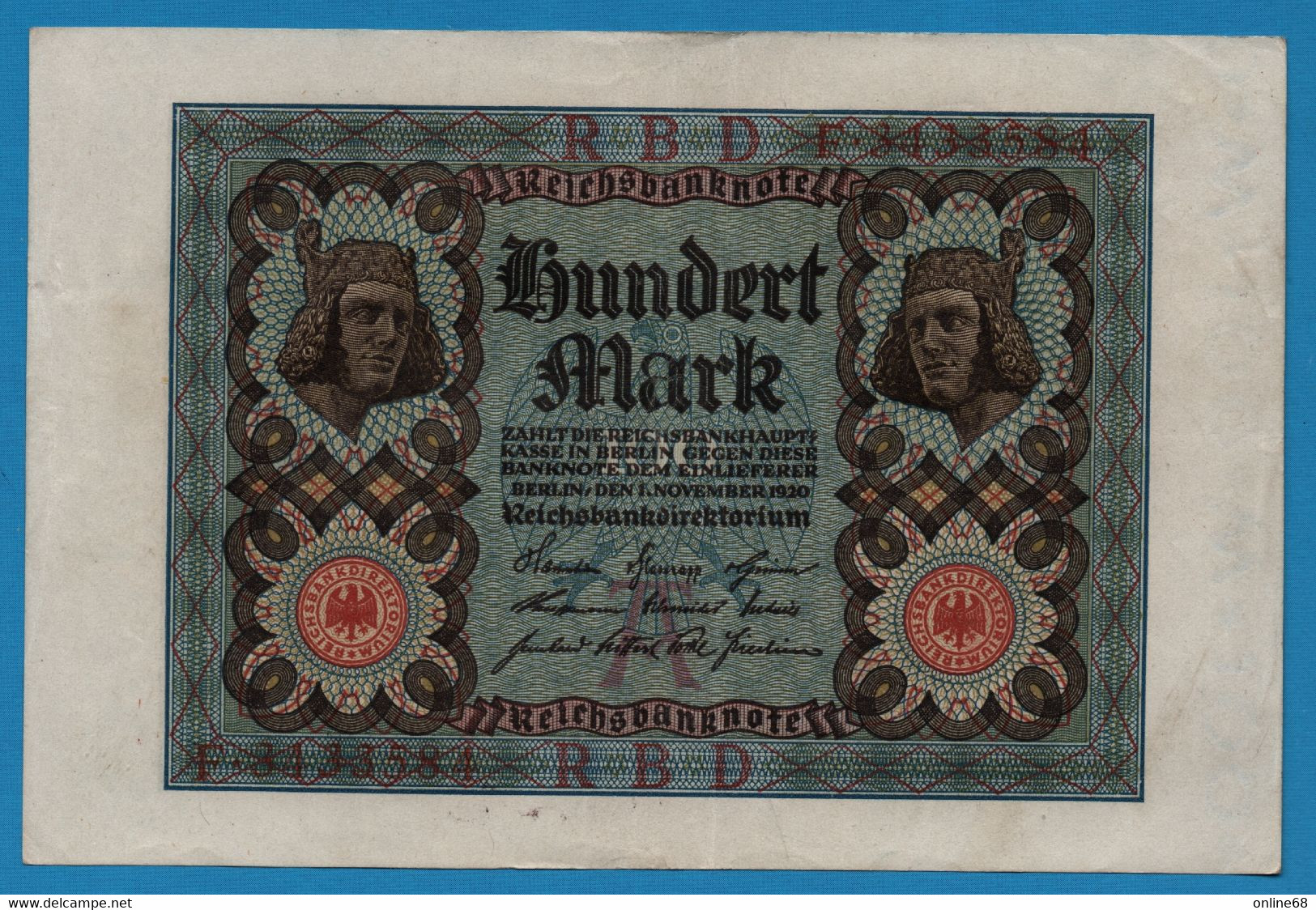 DEUTSCHES REICH 100 MARK 01.11.1920 P# 69a Letter A # F. 3334584 - 100 Mark