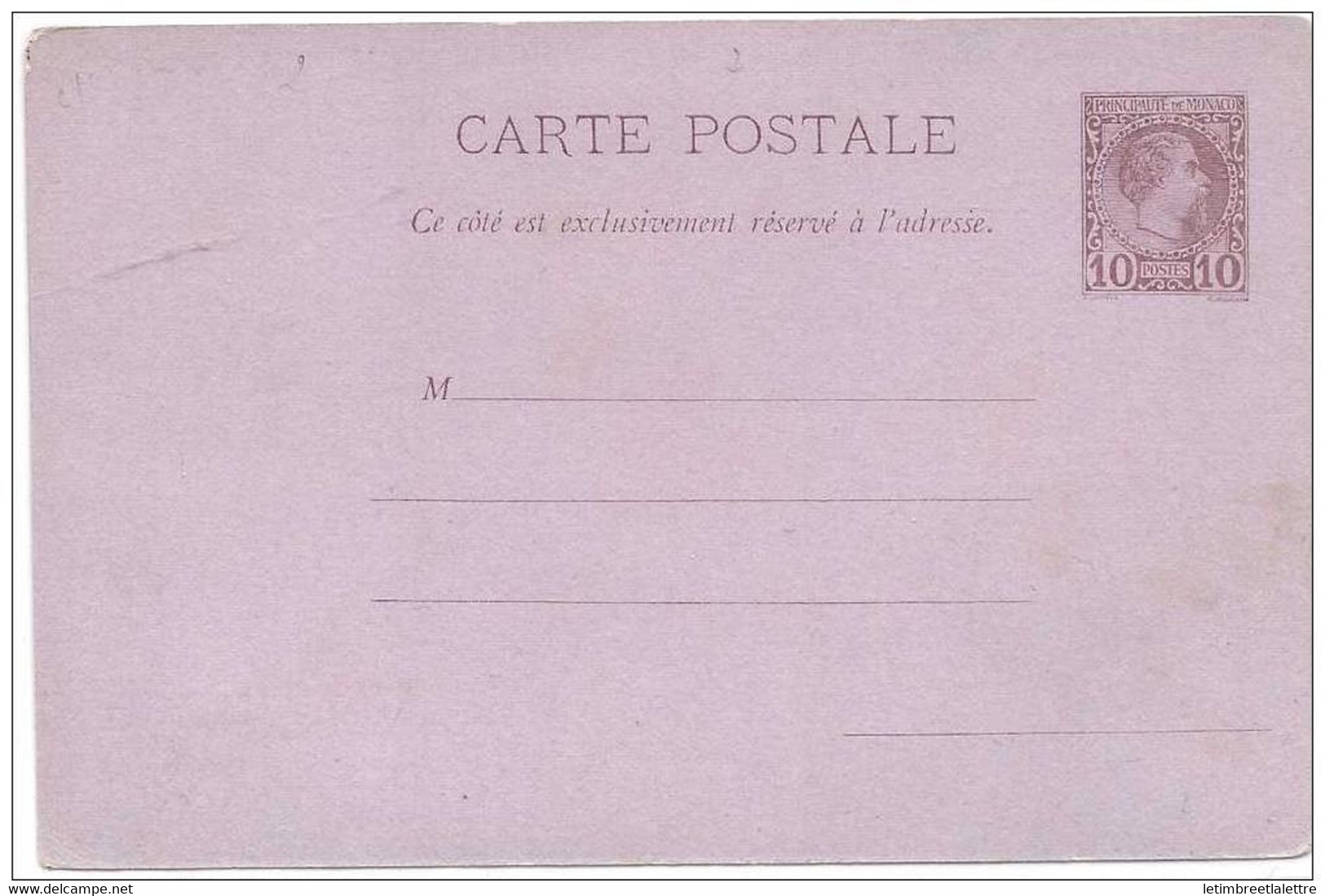 ⭐ Monaco - Entier Postal - Carte Postale - Carton Lilas Et Verso Blanc ⭐ - Covers & Documents