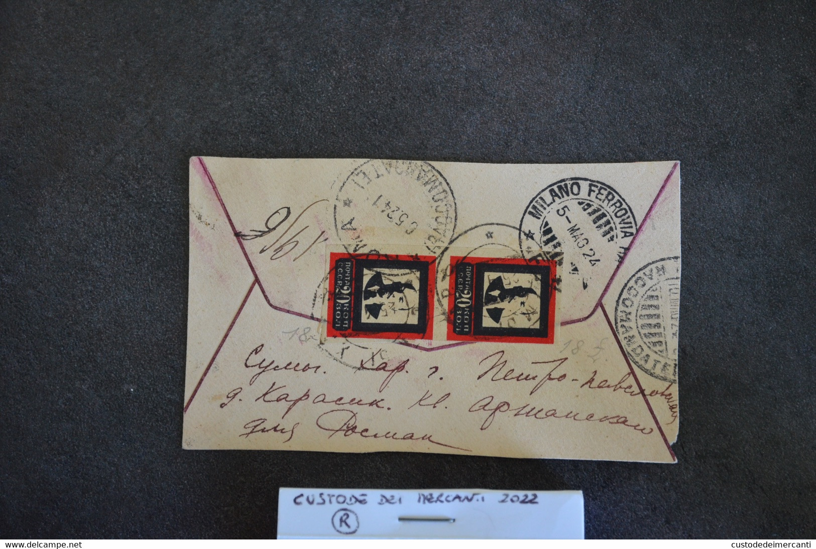 BUSTA LETTERA ENVELOPE URSS VG 1924 REGISTERED LETTER MOURNING LENIN SCOTT 265 COPPIA BOLLI MILANO - Covers & Documents