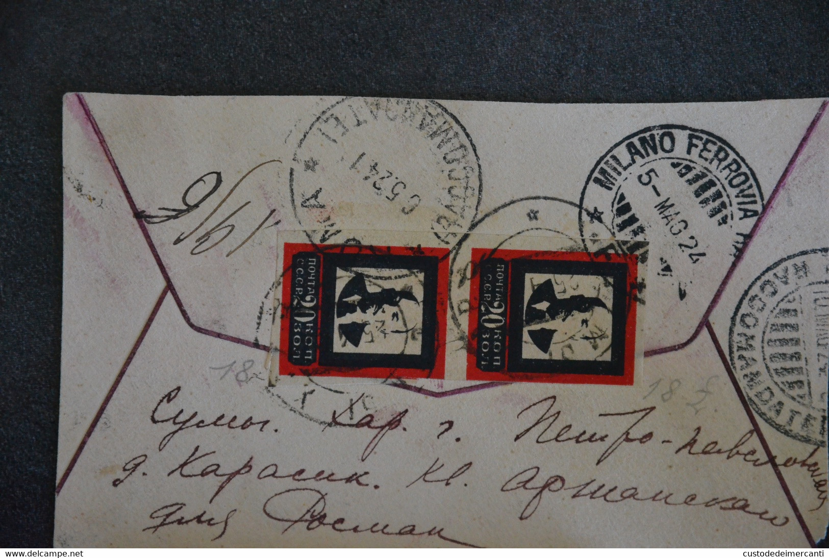 BUSTA LETTERA ENVELOPE URSS VG 1924 REGISTERED LETTER MOURNING LENIN SCOTT 265 COPPIA BOLLI MILANO - Briefe U. Dokumente