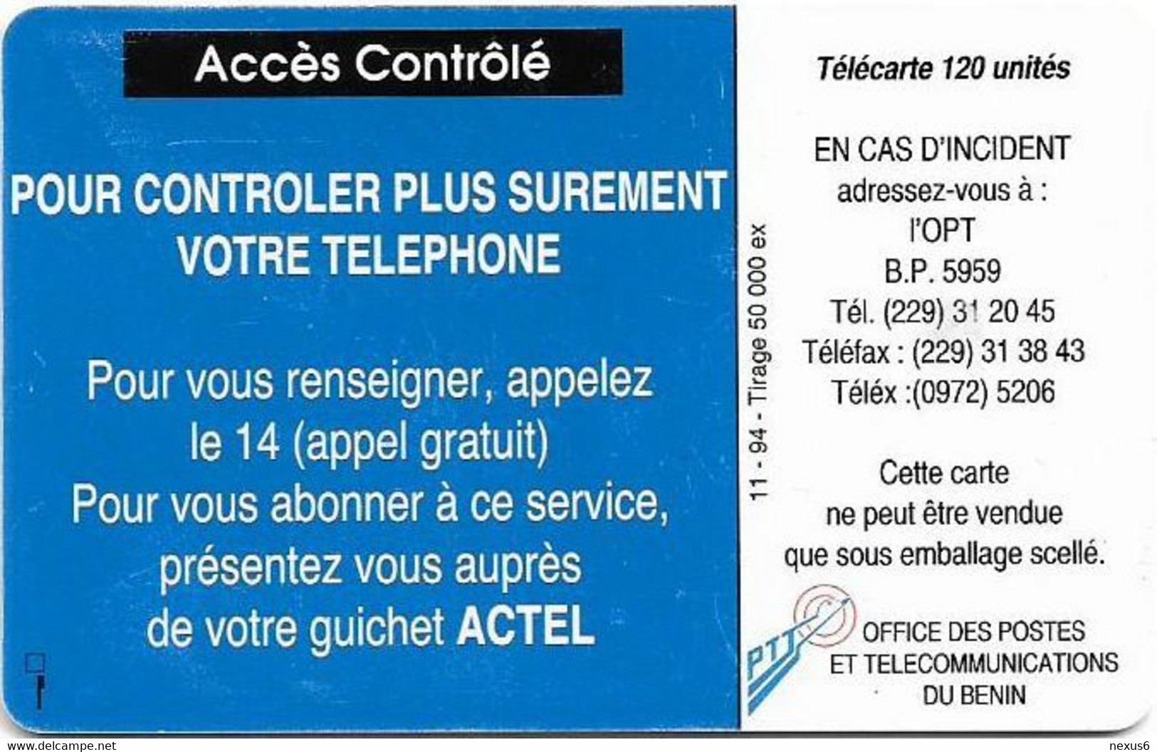 Benin - PTT (Chip) - Services Plus, Accès Contrôlé, Gem1B Not Symmetric Red, Exp.11.1994, 120Units, 50.000ex, Used - Bénin