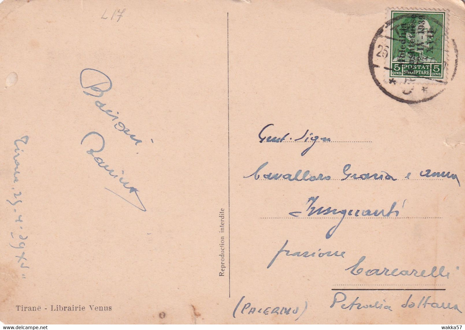 L39 - Albania 5 Q. Assemblea Costituente Da Tirana A Palermo 26/04/1939 - Albanien