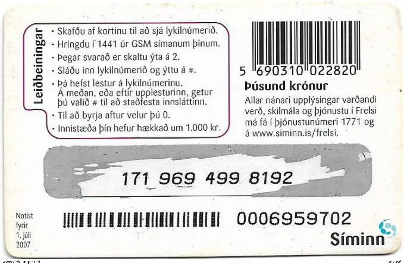 Iceland - Siminn - Kollekt 888, Man With Hat, Exp. 01.07.2007, GSM Refill 1000Kr, Used - Islanda