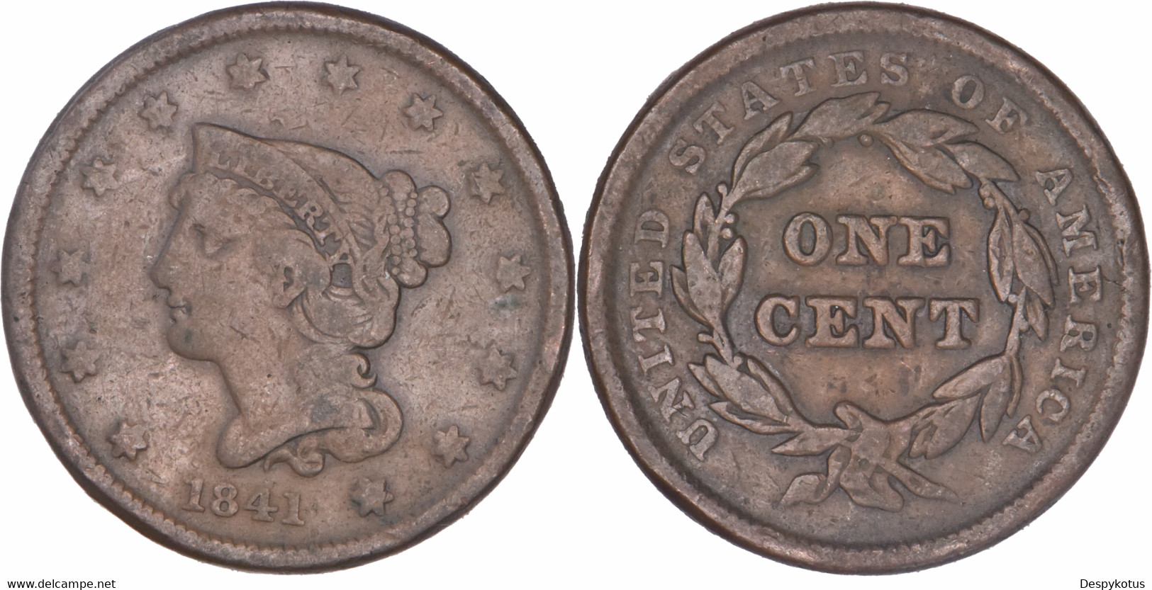 Etats-Unis - 1841 - Large One Cent Braided Hair - 07-154 - 1840-1857: Braided Hair (Cheveux Tressés)