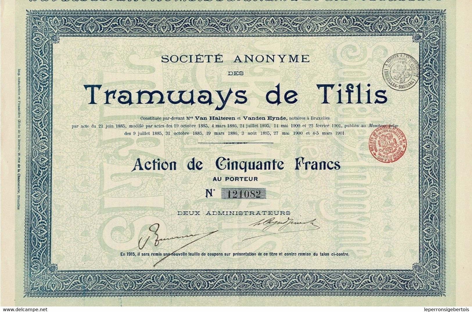 - Titre De 1901 - Société Anonyme Des Tramways De Tiflis (2ème émission?) - N° 121082 - Rusia